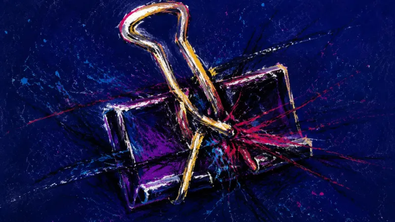 Held Shut A binder clip crushed into a locked shape, representing shame-driven self-silencing around a simple,