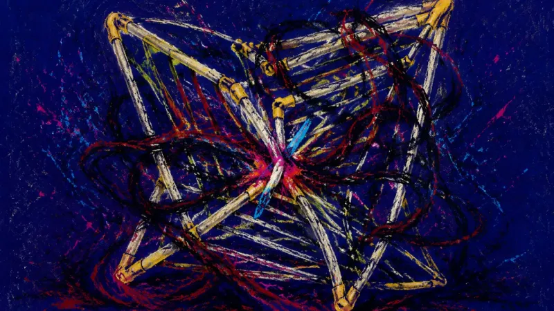 Collapsed Routine An abstract image of a drying rack crushed into disorder, expressing overwhelm, tunnel vision, and s