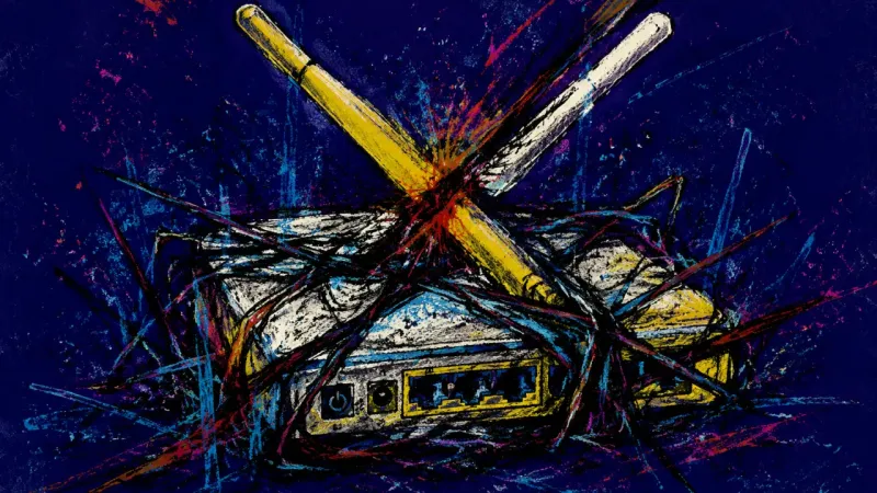 A warped router tangled in chaotic lines, representing family boundary burnout and the collapse of w