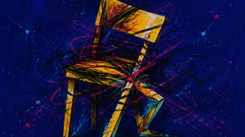 An abstract chair buckled by tangled lines, representing Sunday-night overload and the strain of man