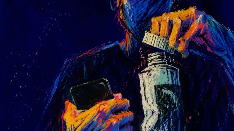 A half-undressed figure grips a phone and overtwists a face-wash cap, capturing the private loop of-