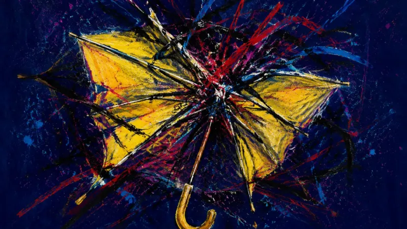 An abstract visual of post-social overthinking shown as an umbrella collapsing under self-survec