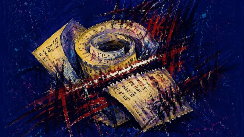 Receipt Under Pressure A receipt roll crushed into a tight spiral and tangled by harsh marks, representing guilt-driven was