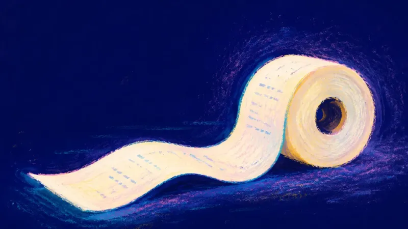 Unspooled Trust A receipt roll relaxed into a smooth open curve, representing the ability to receive small care.