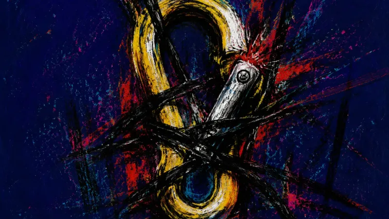 A distorted carabiner squeezed shut by chaotic lines, representing rejection spiraling, overthinking