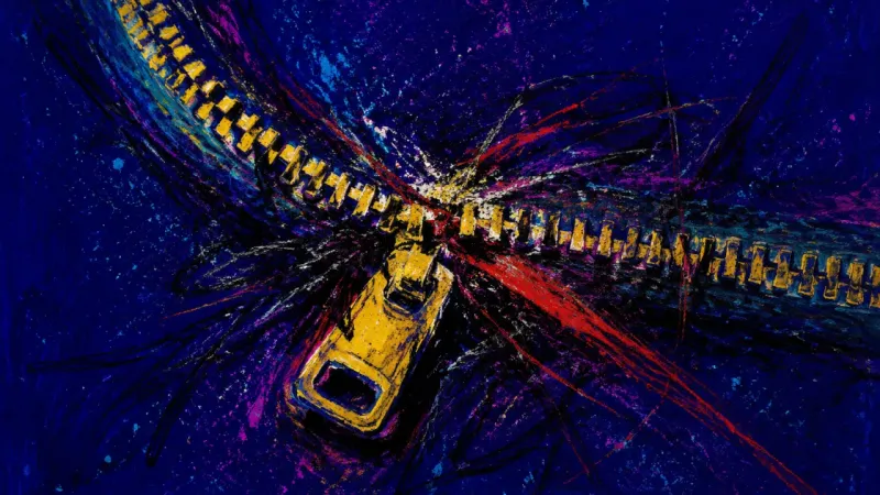 A zipper twisted into a dense jam, representing the strain of hiding pain behind humor and control.