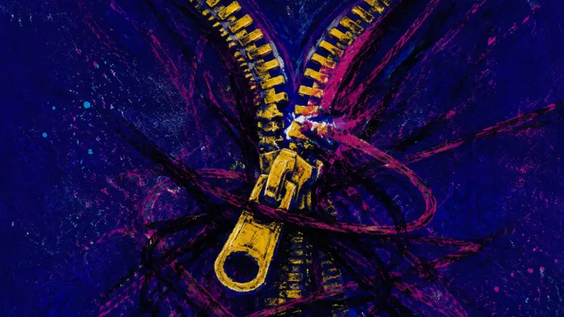 Jammed Verdict A warped zipper tangled in pressure lines, symbolizing rejection sensitivity and the habit of takin