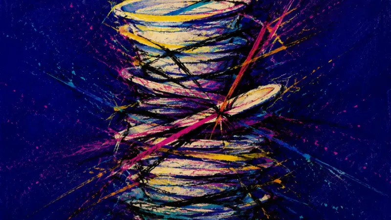 A distorted plate stack squeezed by chaotic marks expresses promotion burnout, notification backlog,