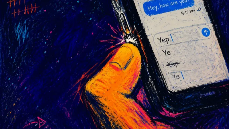 The Interrupted Reply A hand repeatedly locking and reopening a phone before sending a clipped reply, symbolizing how a c