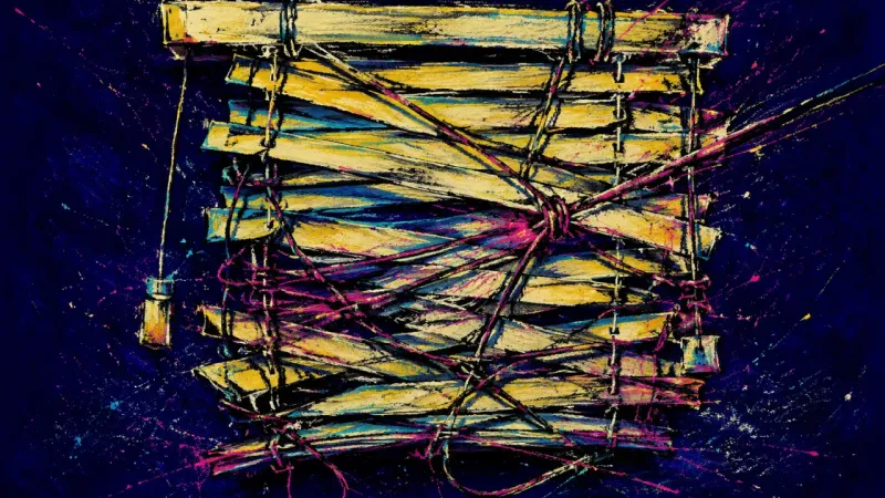 Locked Between Slats A venetian blind jammed into warped slats and tangled cords, symbolizing care being mistaken for pre