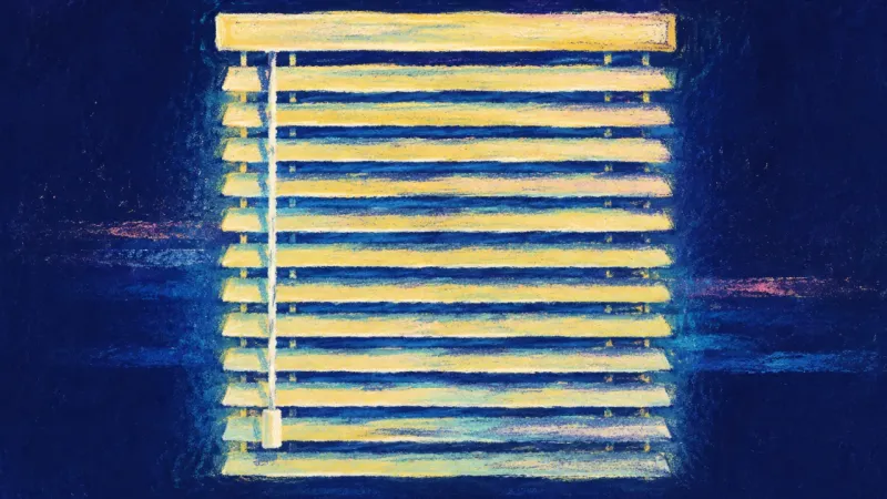 Measured Openness A venetian blind restored to even slats and a calm pull line, symbolizing boundaries held with clear