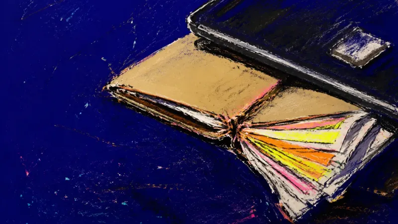Contraband Effort A folder swollen with highlighted notes jammed under a laptop sleeve, symbolizing the urge to hide a