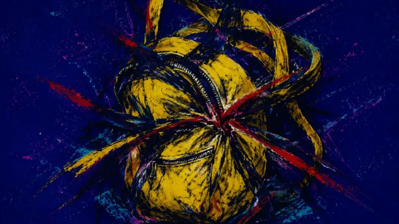 Strapped Shut An abstract image of effort shame, with a backpack crushed shut by tangled pressure as preparation t