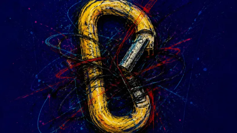 Jammed Gate A distorted carabiner with a choked opening, expressing social apprehension and reliance on one fam