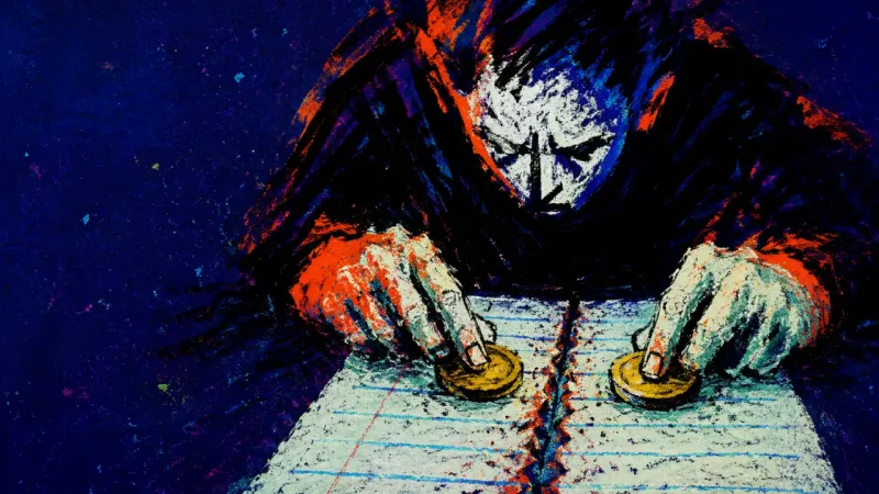 Pinned Between Totals An abbreviated body pins two coins over a split notebook page, symbolizing choice paralysis under 학생