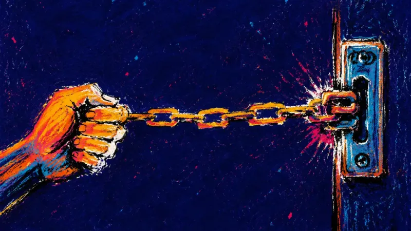 Past the Catch A hand pulling a door chain taut at night, reflecting the urge to keep checking for danger after all