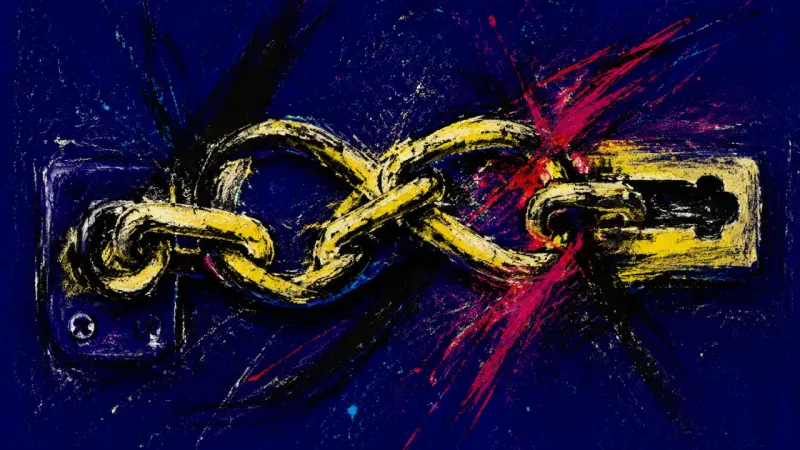 Held Past Safe A warped door chain representing high-functioning hypervigilance, where completed care never feels