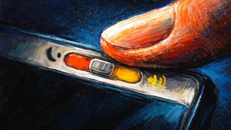 Halfway to Silence A thumb holding a phone mute switch between settings, symbolizing the unsaid boundary behind group‑g