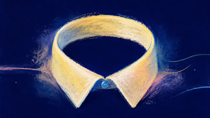 A collar reopened into a balanced shape, symbolizing a professional presence that still feels recogn