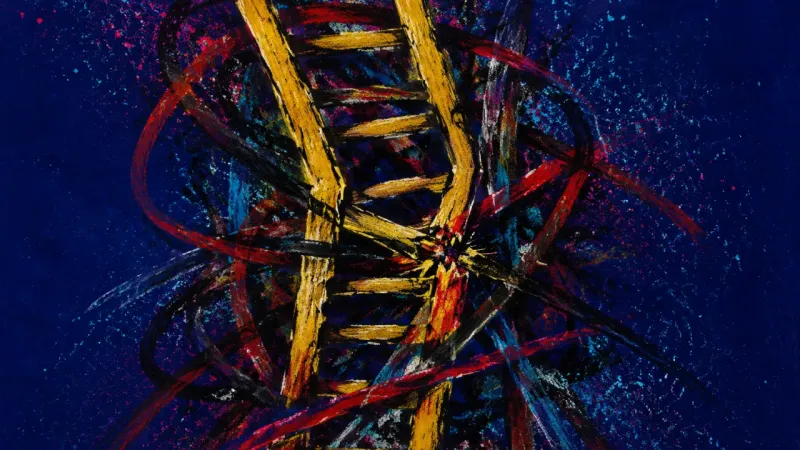 Crushed Rungs An abstract ladder warped and bound into disorder, representing panic-driven productivity and the p