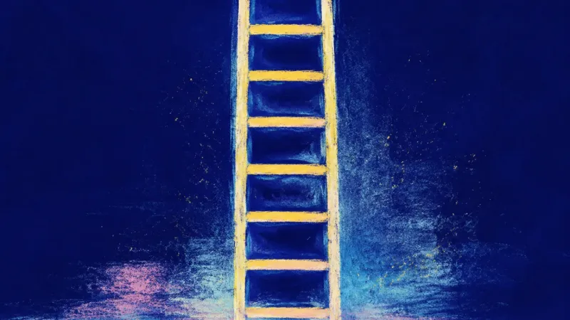 Steady Ascent An abstract ladder restored to clean alignment, representing calm initiation, visible progress, and