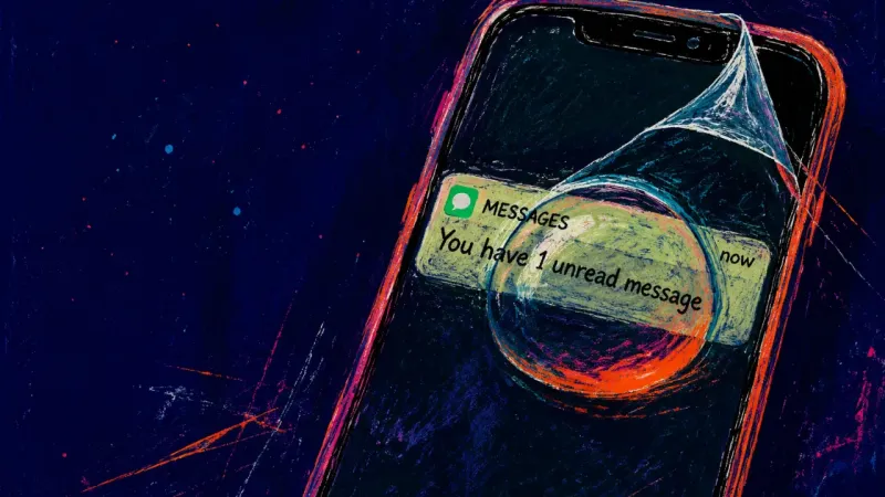 Unread Terms A phone with a lifted screen protector and a bubble over an unread text, reflecting how daily messs?