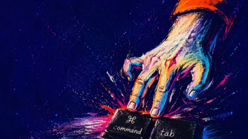 Reflex of Concealment A tense hand hits Command-Tab to hide study tabs the instant someone walks past, showing the fear of