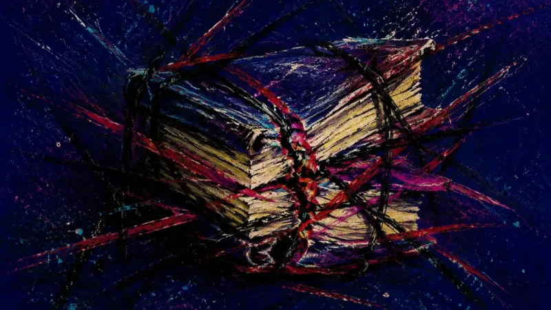 Pinned Closed A book crushed nearly shut by chaotic pressure, expressing shame, hypervigilance, and broken focus