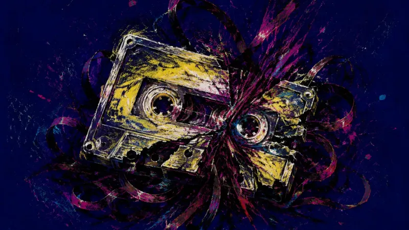 Choked Playback An abstract cassette tangled in its own tape, expressing shame, self-editing, and the oppressive。
