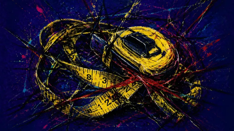 Metric Snare An abstract image of a hobby overtaken by external validation, where a measured form collapses into