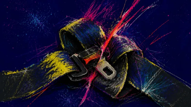 Impact Reflex A warped seatbelt tangled in harsh lines, representing distrust of calm and constant bracing in a