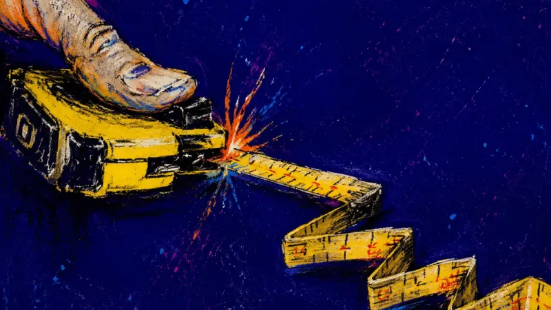 The Locked Span A thumb pins a tape measure lock while the extended blade buckles into sharp bends, showing paranoia