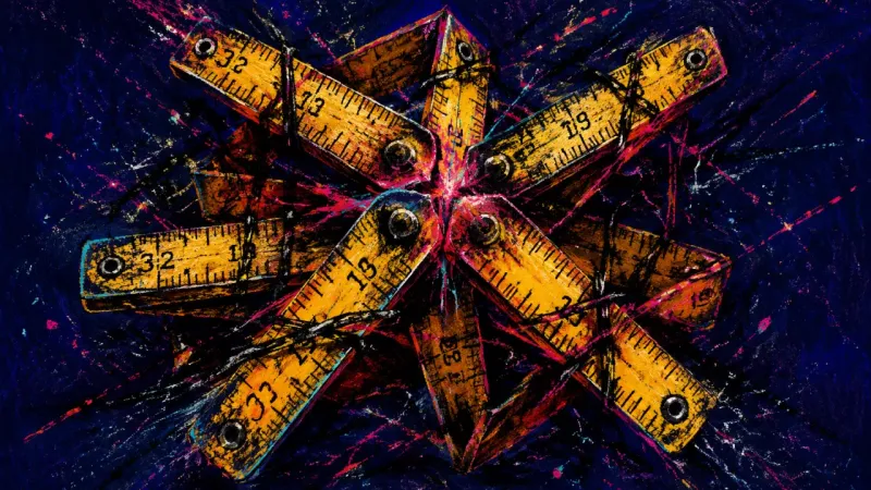 Collapsed Criteria A folding ruler twisted into a dense knot, showing housing decision paralysis and the pressure to