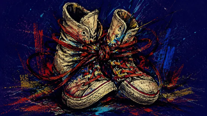 Choked Steps A pair of sneakers crushed inward and tangled shut, representing the shutdown loop that follows canc