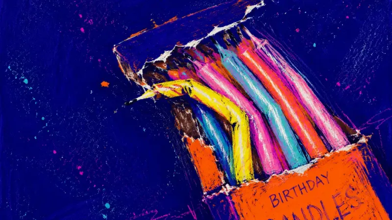 Before the Reply A bent pack of birthday candles with a torn sleeve, reflecting the fear of sending an invite and brì