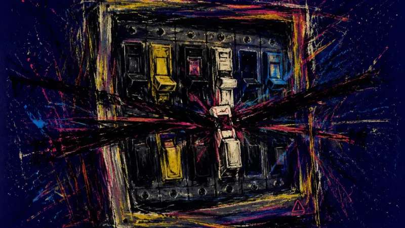 Tripped Circuit An abstract breaker panel with jammed switches and tangled marks, expressing blurred workplace