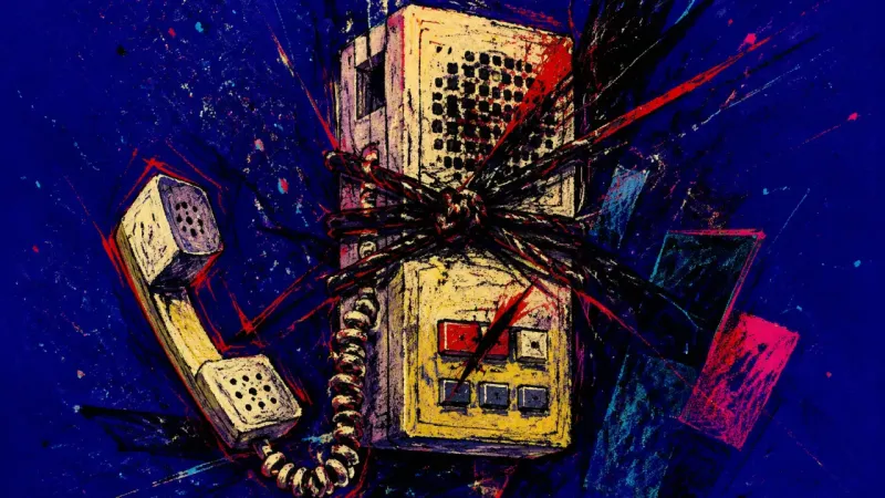 Signal Seized An abstract intercom in tangled disarray, expressing panic, freeze, and the sense that surprise cont