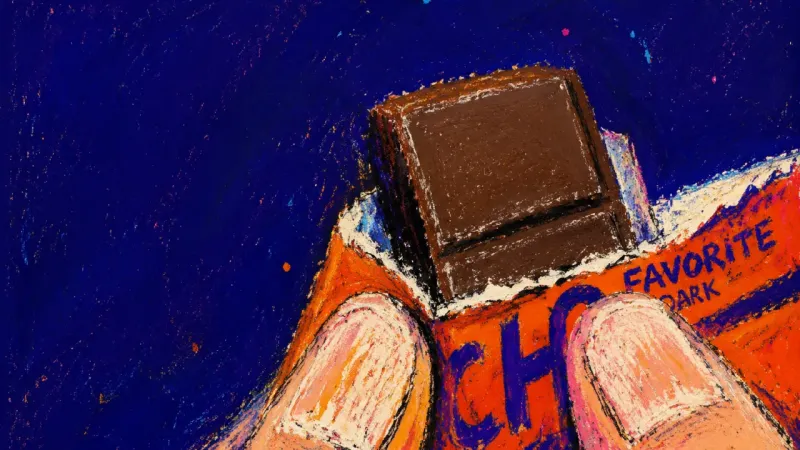 The Unopened Square Two fingers press a chocolate bar wrapper back over the first exposed square, reflecting guilt about