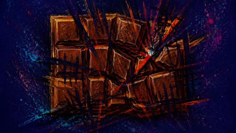 Withheld Portion A warped chocolate bar crossed by harsh blocking marks, showing guilt and self-denial around