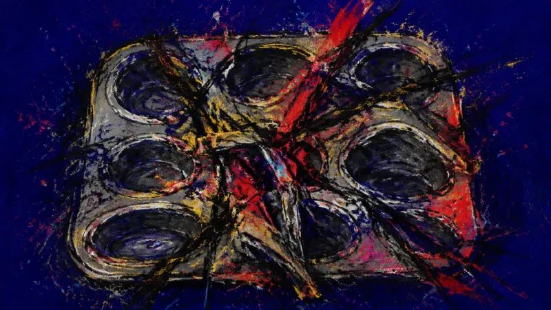 Crushed Compartments A warped muffin tin with collapsed cups and tangled marks, representing life-admin overload, guilt,