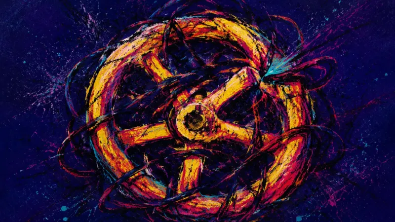 Seized Flow A valve wheel buckled and jammed by tangled lines, representing the pressure of being on-call for f