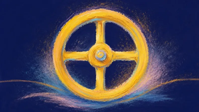 Chosen Flow A valve wheel restored to an even, open form, representing supportive limits, steadier warmth, and a