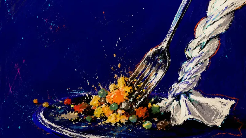 Deadline on the Plate A fork gathering scattered last bites into one oversized mouthful, symbolizing the urge to finish on