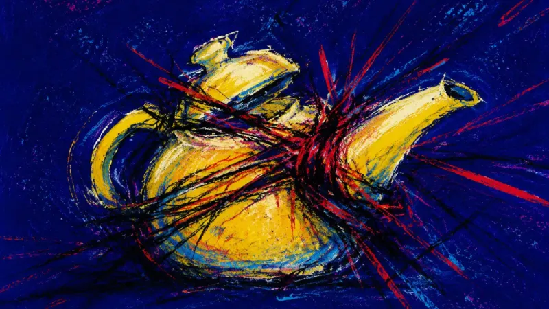 Poured Under Pressure A teapot pulled out of balance and crowded by harsh lines, expressing the pressure to rush and track