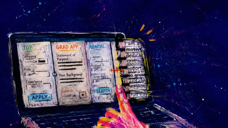 Halfway Everywhere A laptop divided between job, grad, and rental pages, with one finger dragging the pane borders back
