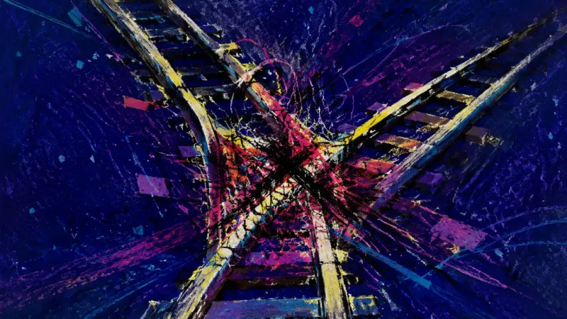 Jammed Junction A rail switch warped into conflicting routes, expressing choice paralysis as work, school, and