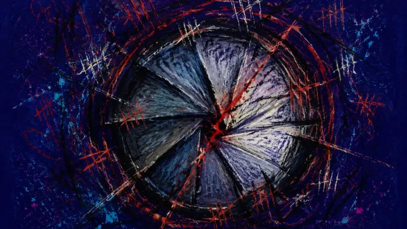 Seized Aperture An iris shutter jammed nearly closed and crossed by frantic marks, evoking comparison-driven shame,1