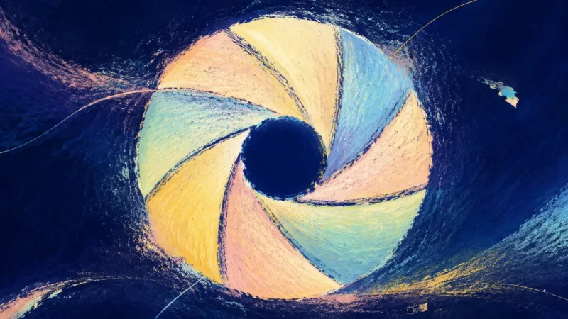 Recovered Aperture An iris shutter reopened into clean radial order, evoking named grief, steadier self-worth, and, ev