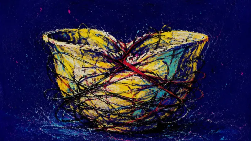 Clutched Vessel An abstract bowl squeezed inward and tangled in chaotic lines, representing how minor home changes