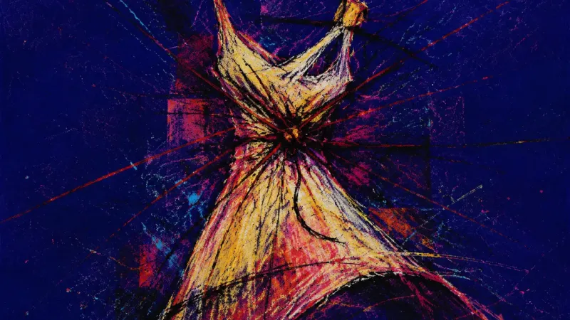 Knot of Obligation A warped dress bound by chaotic lines, representing guilt, indecision, and the pressure to overext